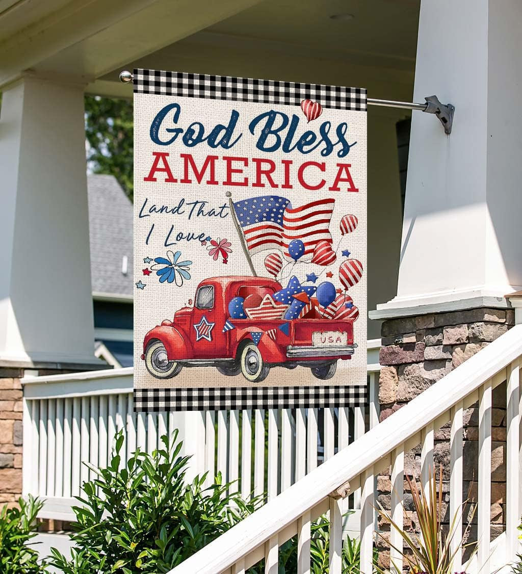 4Th of July Flags 3X5 Ft for Outside, Patriotic American Truck with Flags Buffalo Plaid Double Sided Big Large Yard Flags,Seasonal Banners Decorations with Brass Grommets for Outdoor Farmhouse Holiday