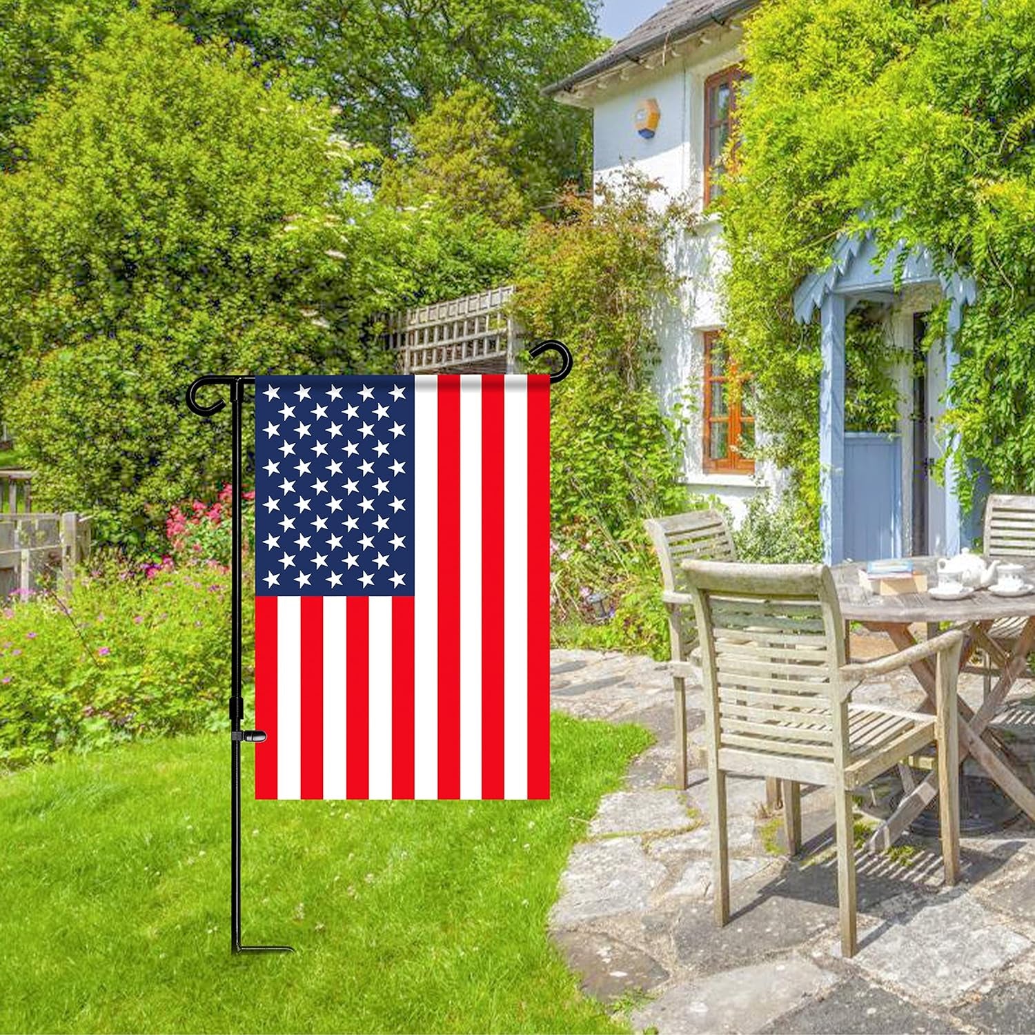 HOOSUN Garden Flag Stand Holder Pole Easy to Install Strong Sturdy Wrought Iron Fits 12.5" X 18" Mini Flag with 1 Tiger Clip Curved Hook with S Type (3 Pack)