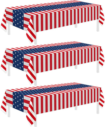 3 Pack Patriotic Tablecloth, Disposable Plastic Tablecloth 54" X 108" Patriotic Decorations, Birthday Party Table Cloth for Kids, Patriotic Themed Party Supplies for Outside, Picnic, Camping, Memorial