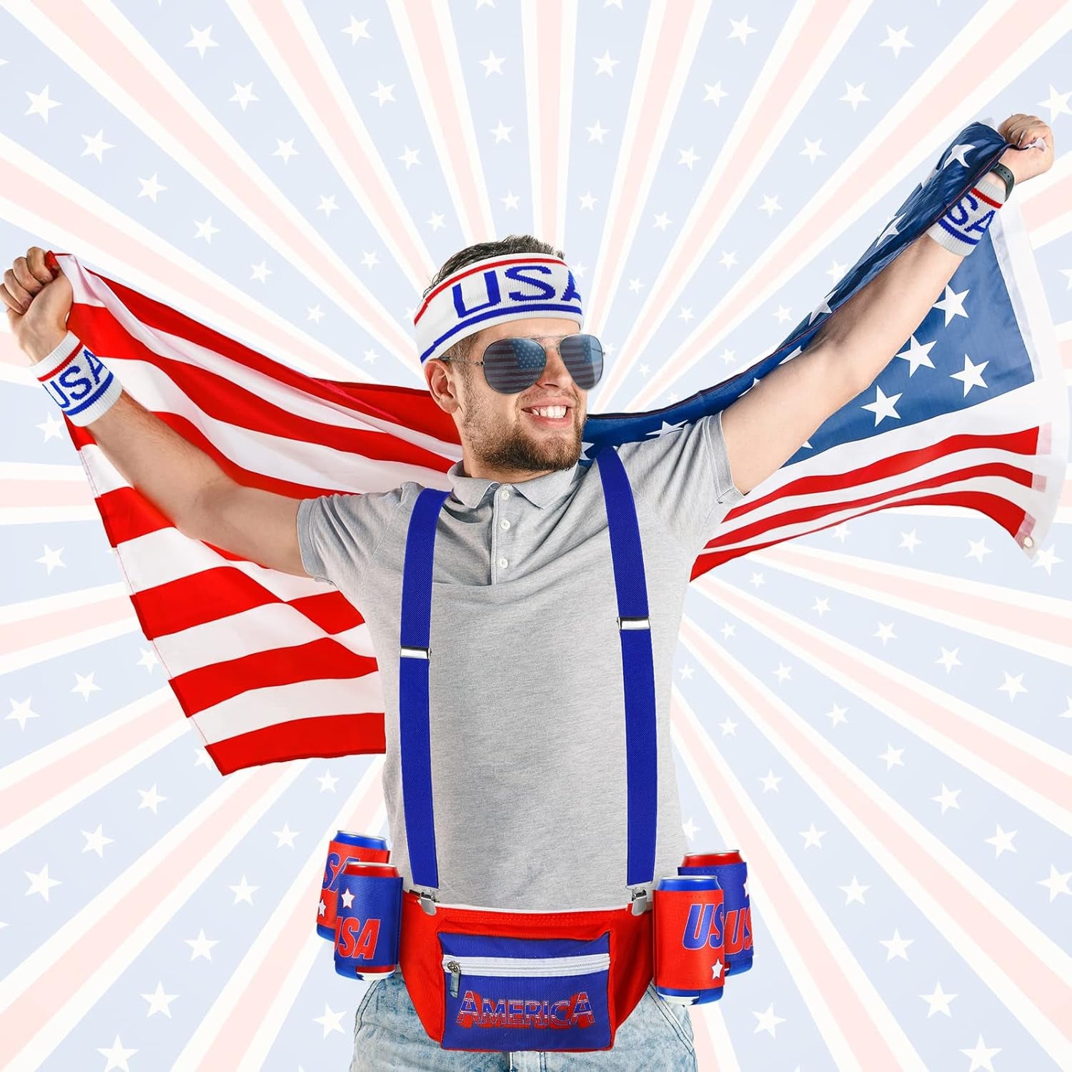 USA America Flag Fanny Pack 4Th of July Patriotic Beverage Beer Belt Costume Set Outfit Accessories with Drink Holder Sunglasses Striped Sweatband Men Women