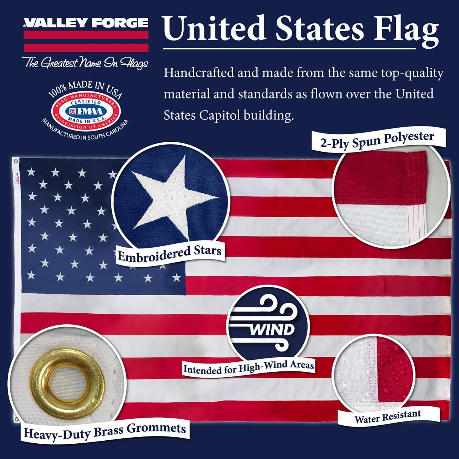 Valley Forge American Flag - 100% Made in the USA - 5' X 8' Ft - Koralex II 2-Ply Polyester - Sturdy, Durable and Patriotic - Great for Gardens, Homes, Patios and Cars Flag