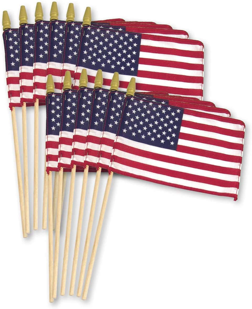 Super Tough US Stick Flag 8" X 12"- 24" Wood Stick with Spear Tip - 12 Pack