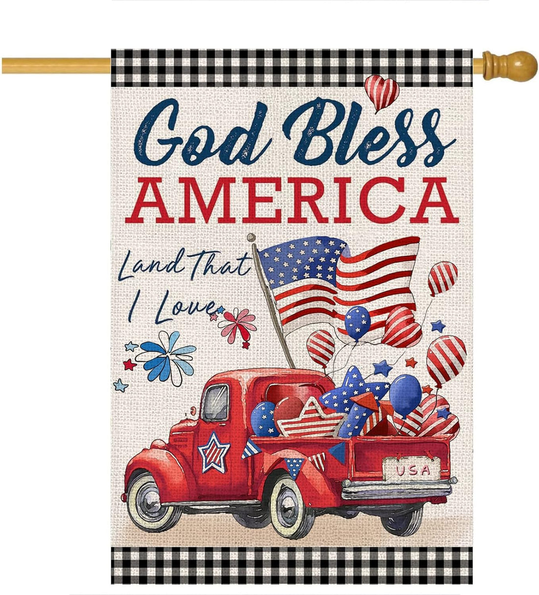 4Th of July House Flags for Outdoor,Patriotic American Truck with Flags Buffalo Plaid Yard Flags for Outside,Seasonal Memorial Independence Day Decorative Flag for Farmhouse Holiday Decoration 28X40 Inch Double Sided