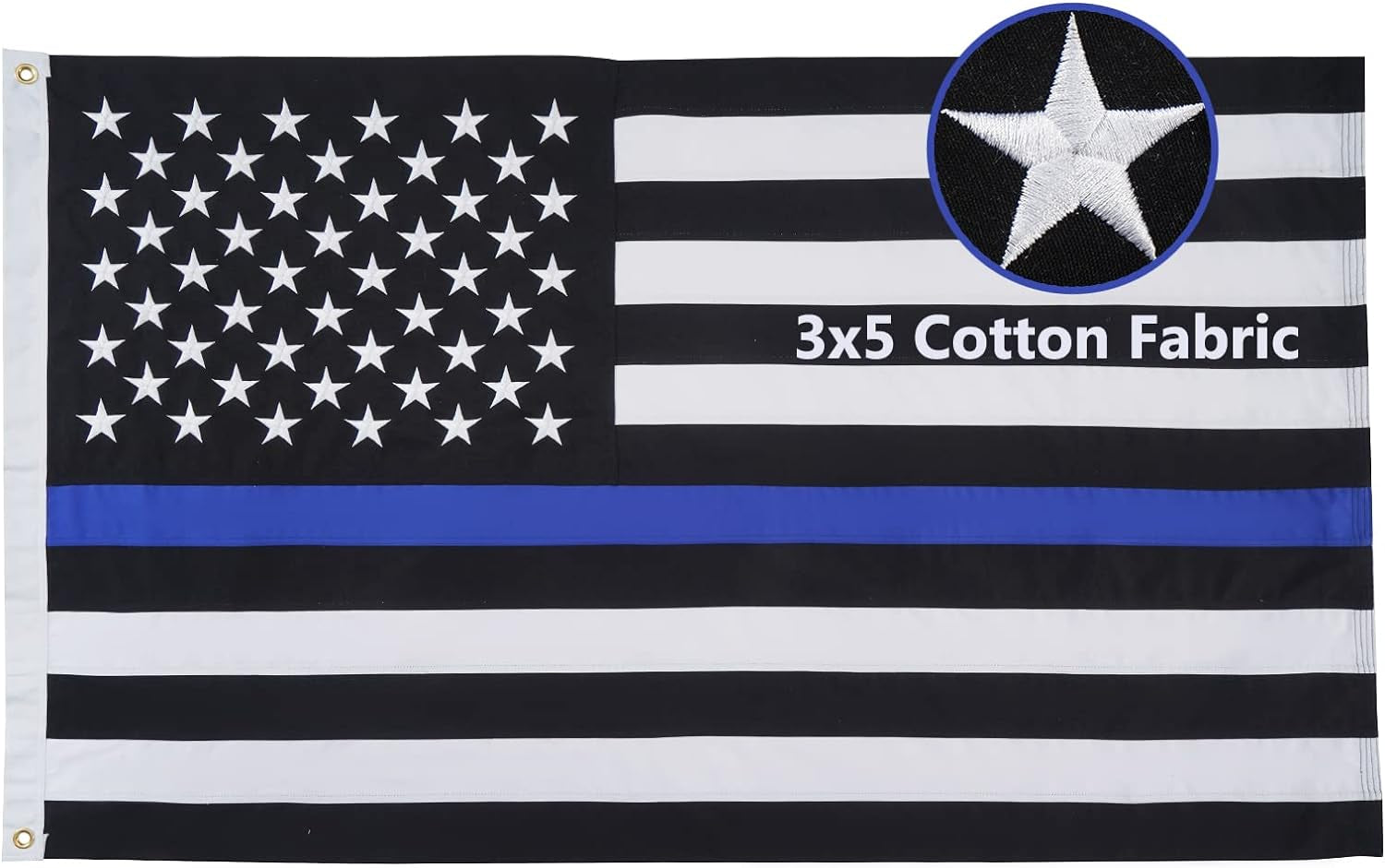 Homissor Thin Blue Line Flag Cotton Police Flags 3X5 Ft Embroidered Star Heavy Duty Back the Blue Flag Stripe Blue Line Lives Matter Flags Banner with 2 Brass Grommets