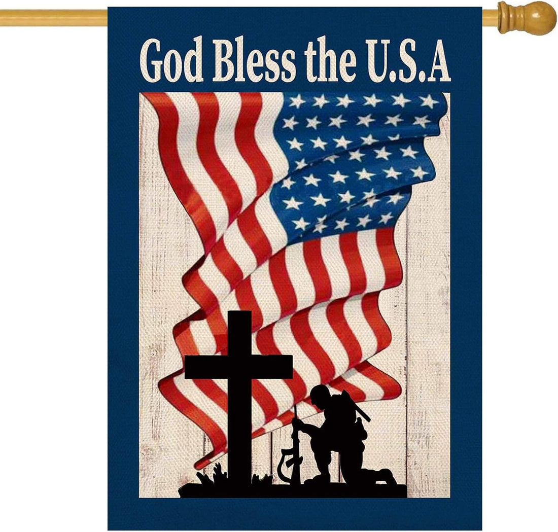 Baccessor God Bless America 4Th of July Double Sided Burlap Flag, 28 X 40 Inches, Premium Fabric & Weather Resistant, Holiday Decoration