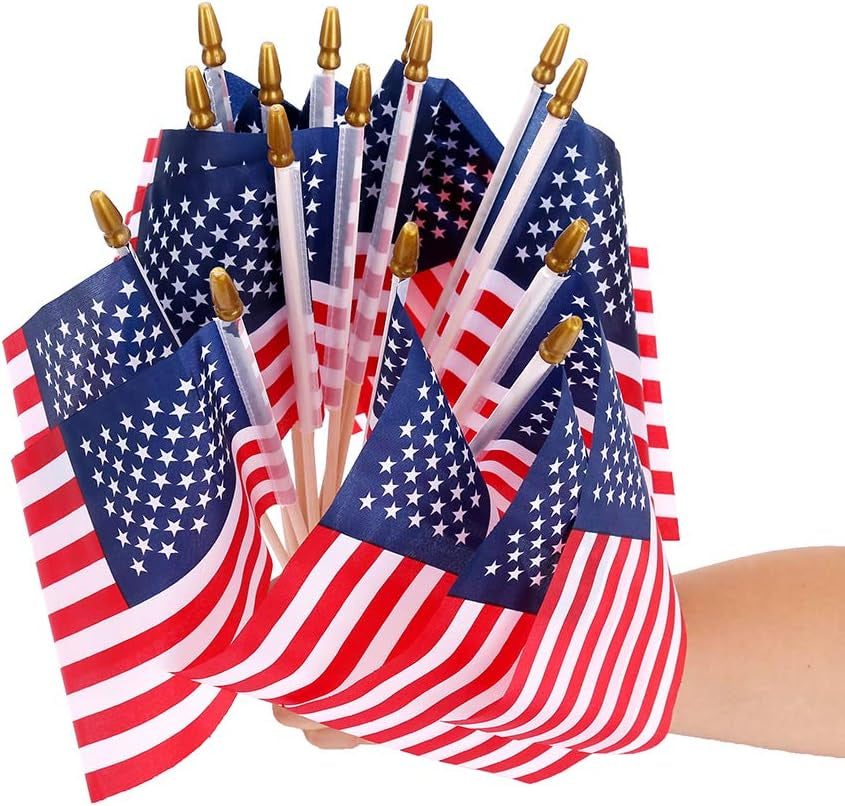 50 Pack 8X12 Inch American Flags on Stick, USA Wood Stick Flags with Kid-Safe Spear Top, American Flags for Outside, Veterans Day Decorations, Memorial Day Decorations, 4Th of July Decorations