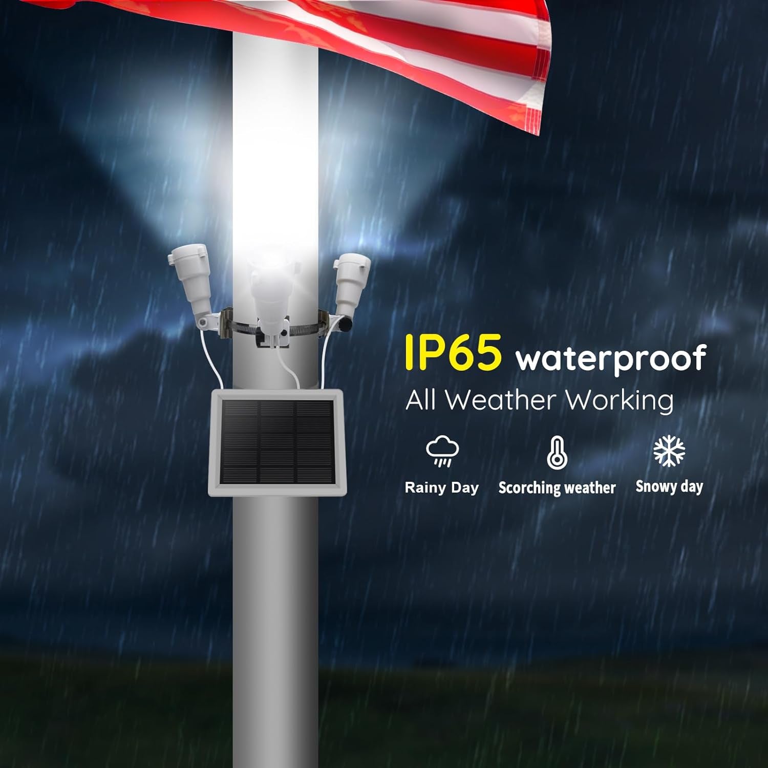 Flag Pole Light Solar Powered, 3 Super-Spotlights PC Crystal LED, IP65 Waterproof Flagpole Light Solar Powered Fits 2-3.5''Flag Poles, 360 Degrees of Flag Illumination Flag Ground House