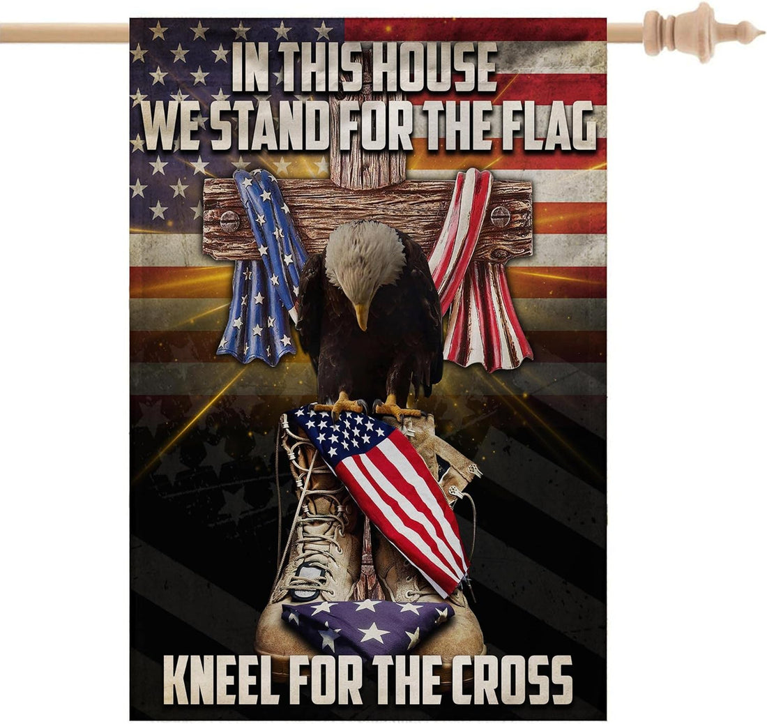 V VIBEPY All over Printed Double Sided House Flag, 28X40", in This House We Stand for the Flag, Kneel for the Cross Flag, Veteran Flags, Memorial Flags, Vetean Day Flags (Vpf-28X40-Etrg-39163008-Fba)