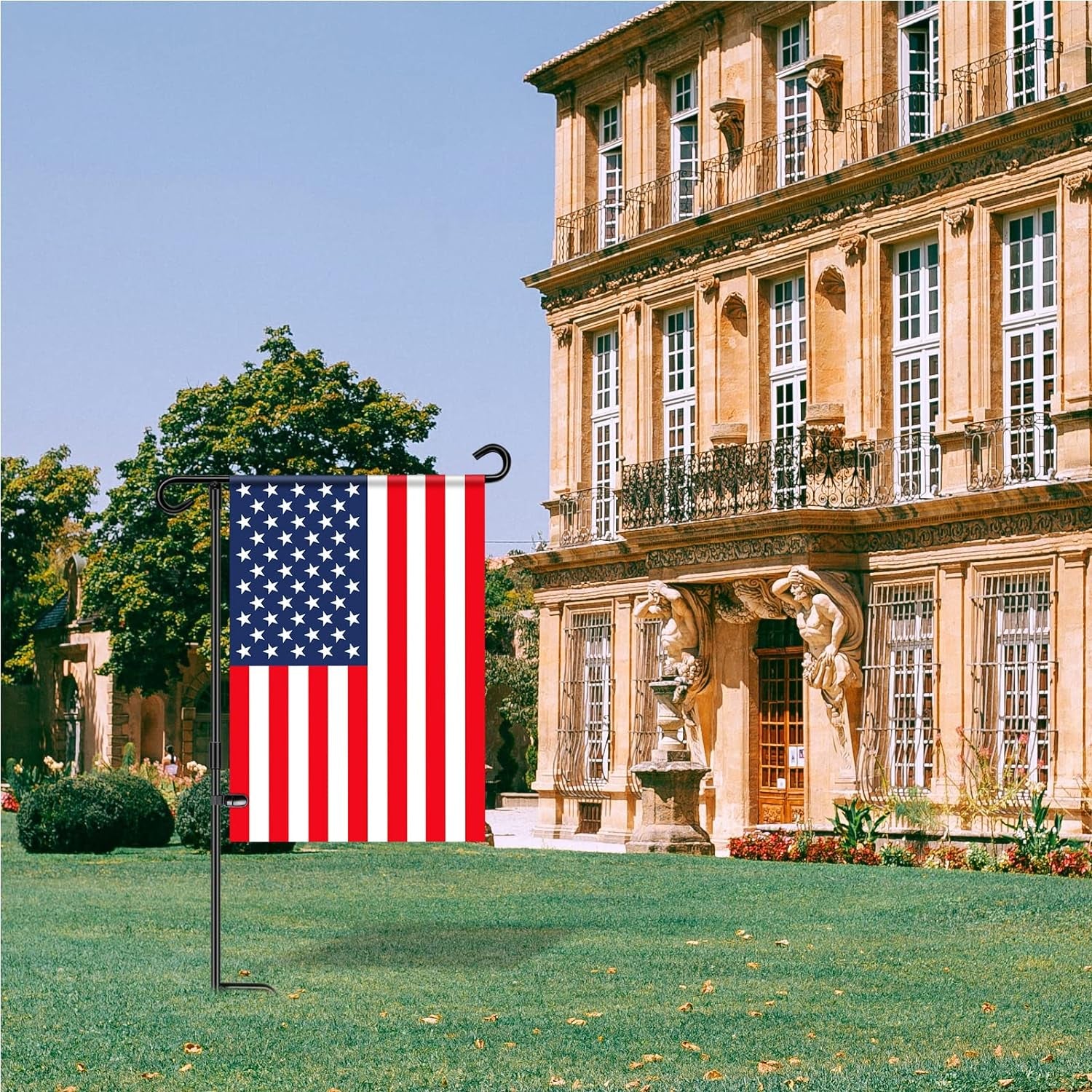 HOOSUN Garden Flag Stand Holder Pole Easy to Install Strong Sturdy Wrought Iron Fits 12.5" X 18" Mini Flag with 1 Tiger Clip Curved Hook with S Type 2 Pack