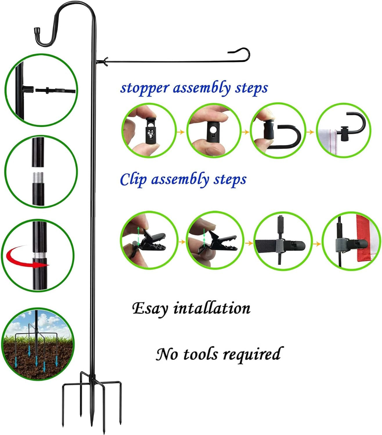 Akeydeco Garden Flag Stand and Shepherd Hook,36 Inch Garden Flag Pole Holder with One Tiger Clip and Two Spring Stoppers for Bird-Feeder Lantern Plant-Hook Garden-Stake Seasonal Flags