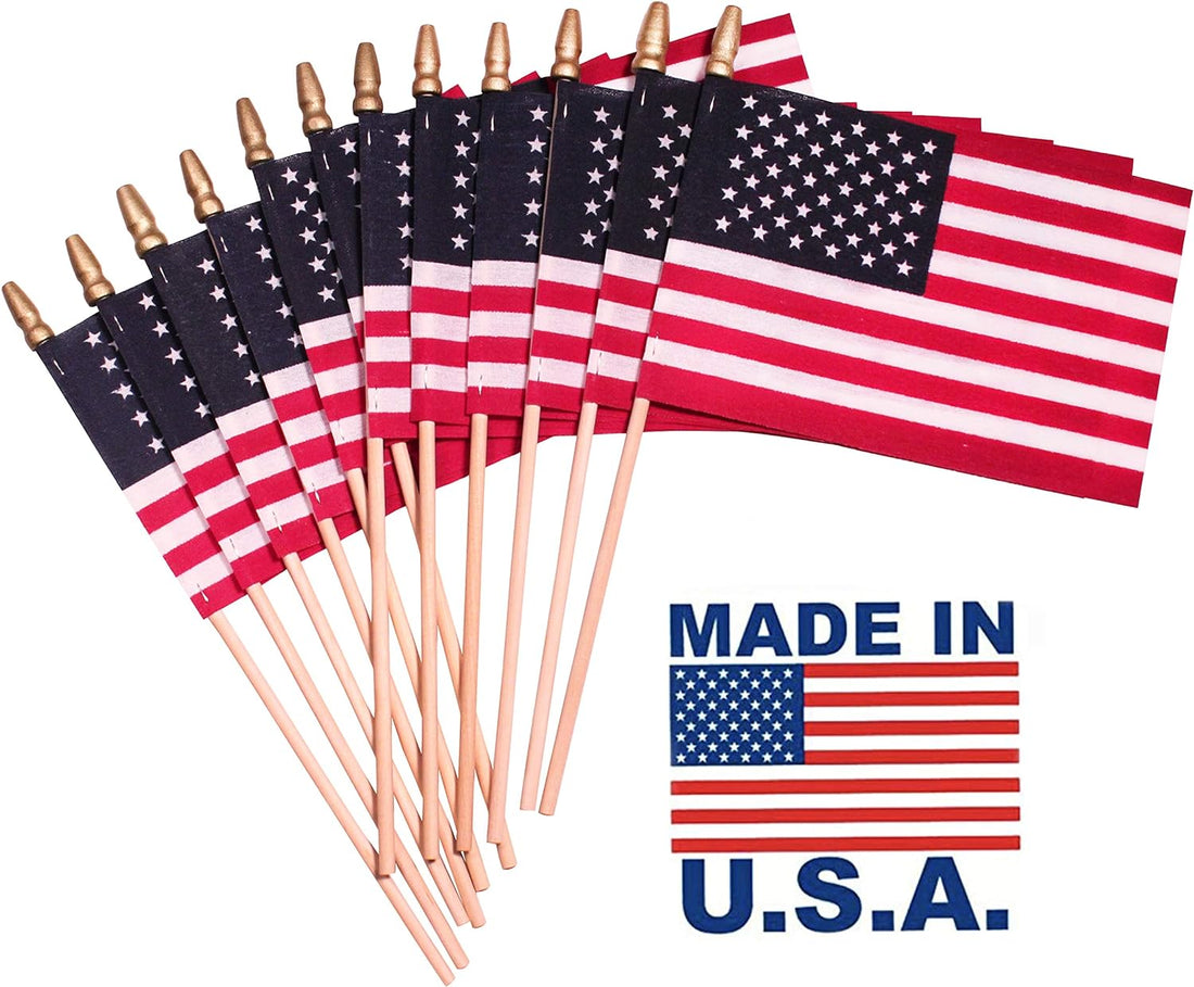 Handheld Spearhead American Flags - 12 X 18 Inch. Handheld Stick Flags with Speartop Great for Patriotic Decorations or Celebrations. Made in the USA (Qty-12)