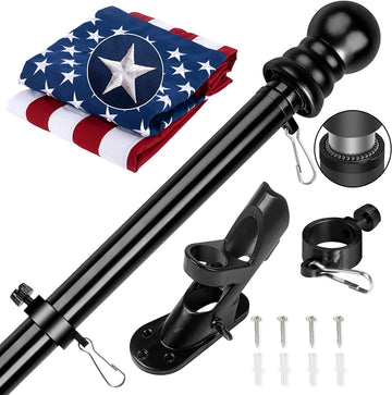 American Flag 3X5 Ft with Black Pole Kit - Heavyweight Nylon - Embroidered Stars and Sewn Stripes - 6 Ft No Tangle Flagpole Aluminum and 2-Position Flag Pole Bracket