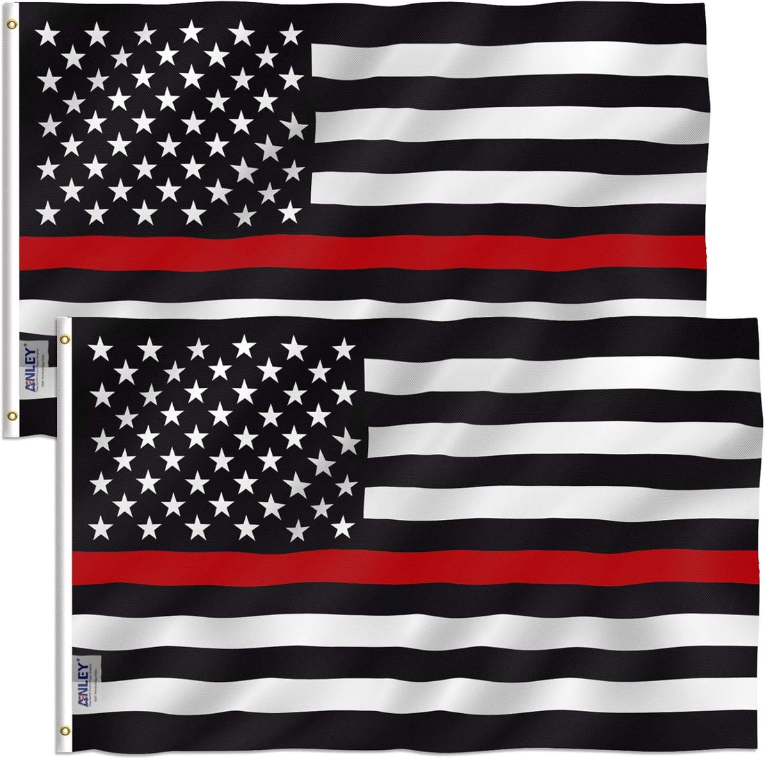 ANLEY Pack of 2 Fly Breeze 3X5 Foot Thin Red Line USA Polyester Flag - Vivid Color and Fade Proof - Canvas Header and Double Stitched - American Honoring Firefighter Flags with Brass Grommets
