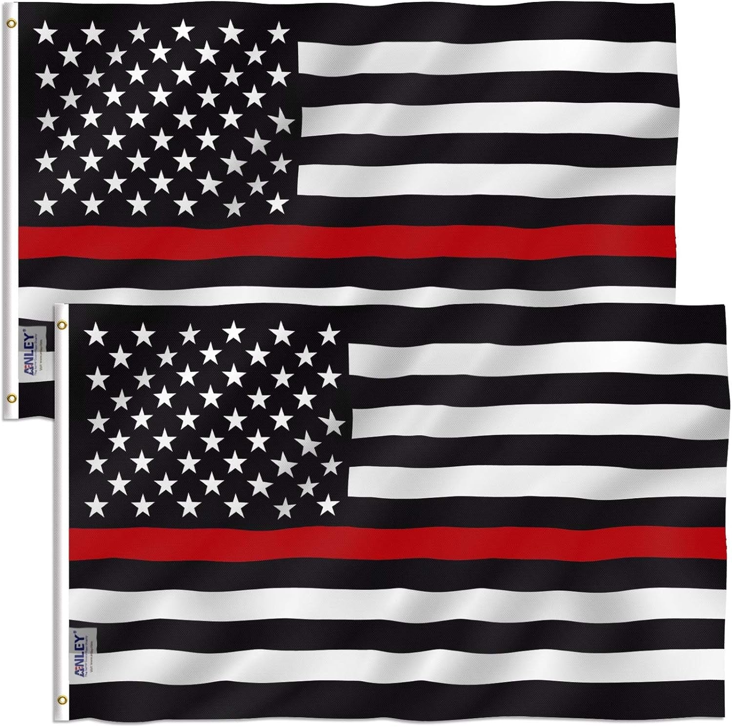 ANLEY Pack of 2 Fly Breeze 3X5 Foot Thin Red Line USA Polyester Flag - Vivid Color and Fade Proof - Canvas Header and Double Stitched - American Honoring Firefighter Flags with Brass Grommets