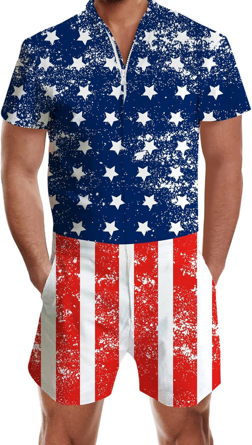 RAISEVERN Men'S Rompers Male Zipper Jumpsuit Shorts One Piece Romper Bro Short Sleeve Shirt Outfits