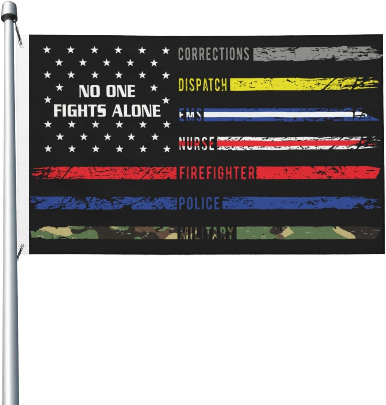 No One Fights Alone American Flag First Responders Hero Nurse E-M-S Police Fire Military 3X5 Ft Double Sided Vivid Color and UV Fade Resistant Flags for Outdoor House Room Black