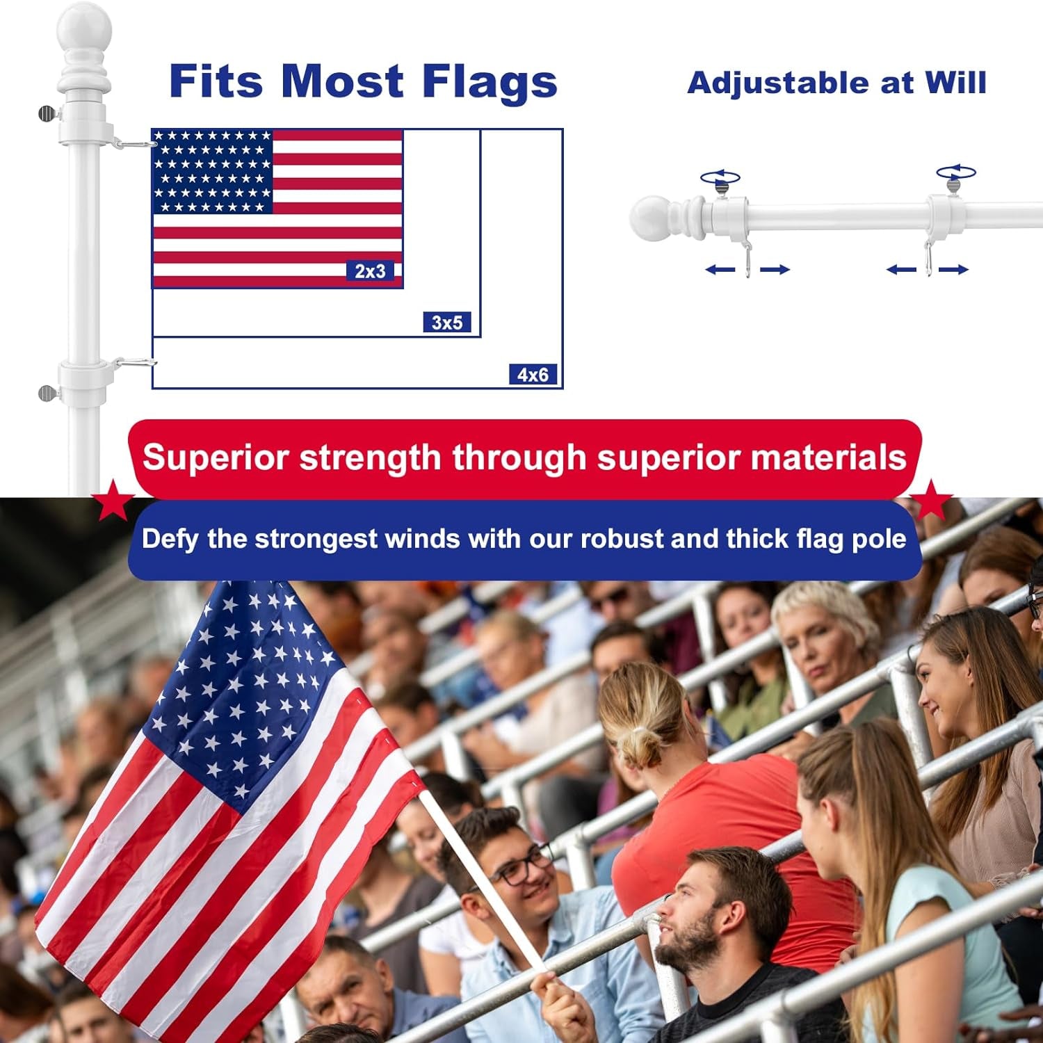 Flag Pole for Kit, 5FT White Tangle Free Porch Metal Aluminum Flagpole with Upgraded Bracket for 3X5 American Flag, White Adjustable Outdoor Flag Poles for Porch, Outside, Truck,Yard, Garden
