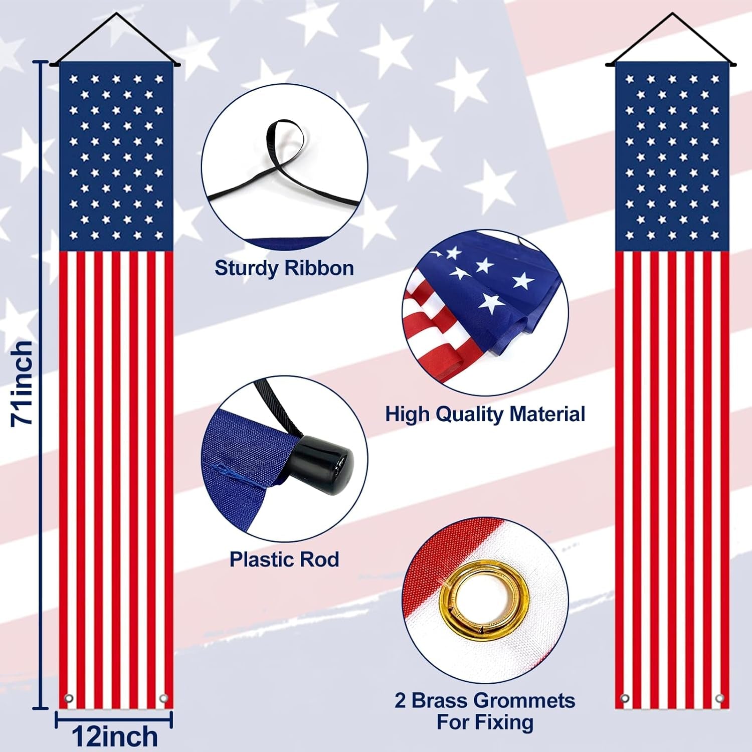 4 Pcs 4Th of July Decor Set, 2 Large 3X6 Ft American Pleated Fan Flag Bunting, 2 USA Flag 71X12" Hanging Porch Banner for Front Door Home Outdoor Patriotic Independence Day Memorial Day Party Supplies
