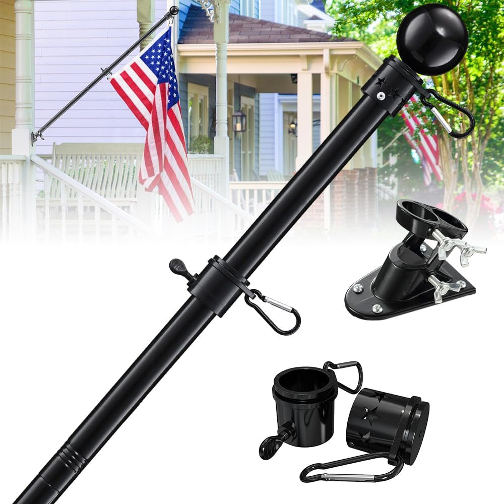 House Flag Pole for Wall, Roof or Deck Mounted, Stainless Steel Black Pole Tubular Handle Rod with 5' Ft Length X 1'' Diameter, American USA Flag Sizes 2X3', 3X5' and 4X6"Ft. (Black)