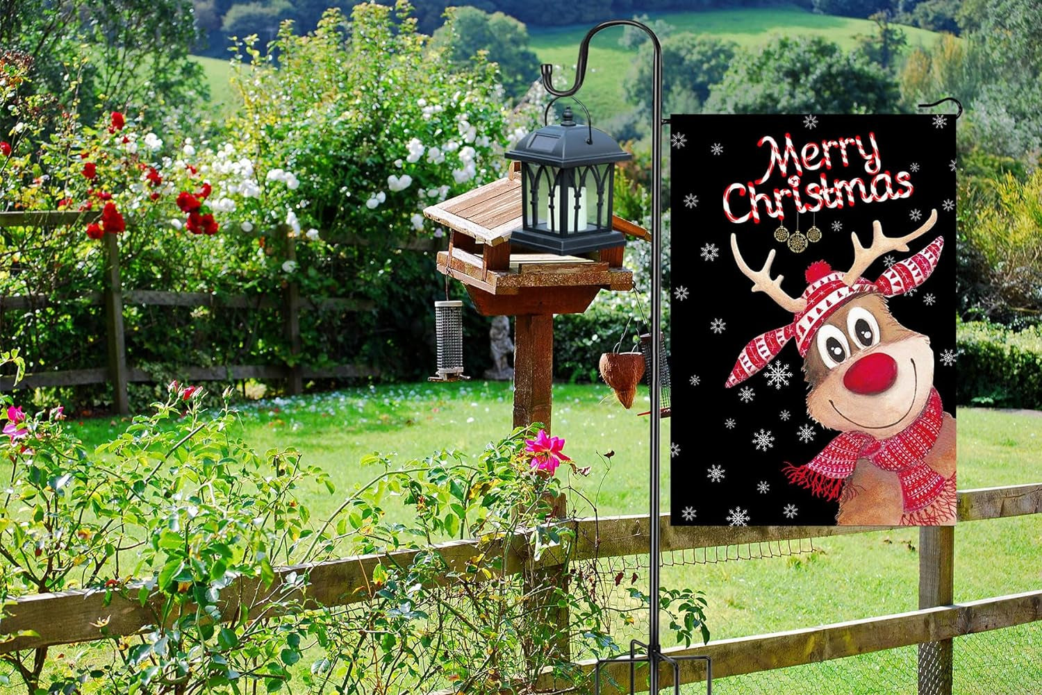 Garden Flag Stand and Shepherd Hook,76 Inch Garden Flag Pole Holder for 28 X 40 Inch Garden Flags with Tiger Clip and Spring Stoppers for Bird-Feeder Plant-Hook Garden-Stake Seasonal Flags 1 Pack