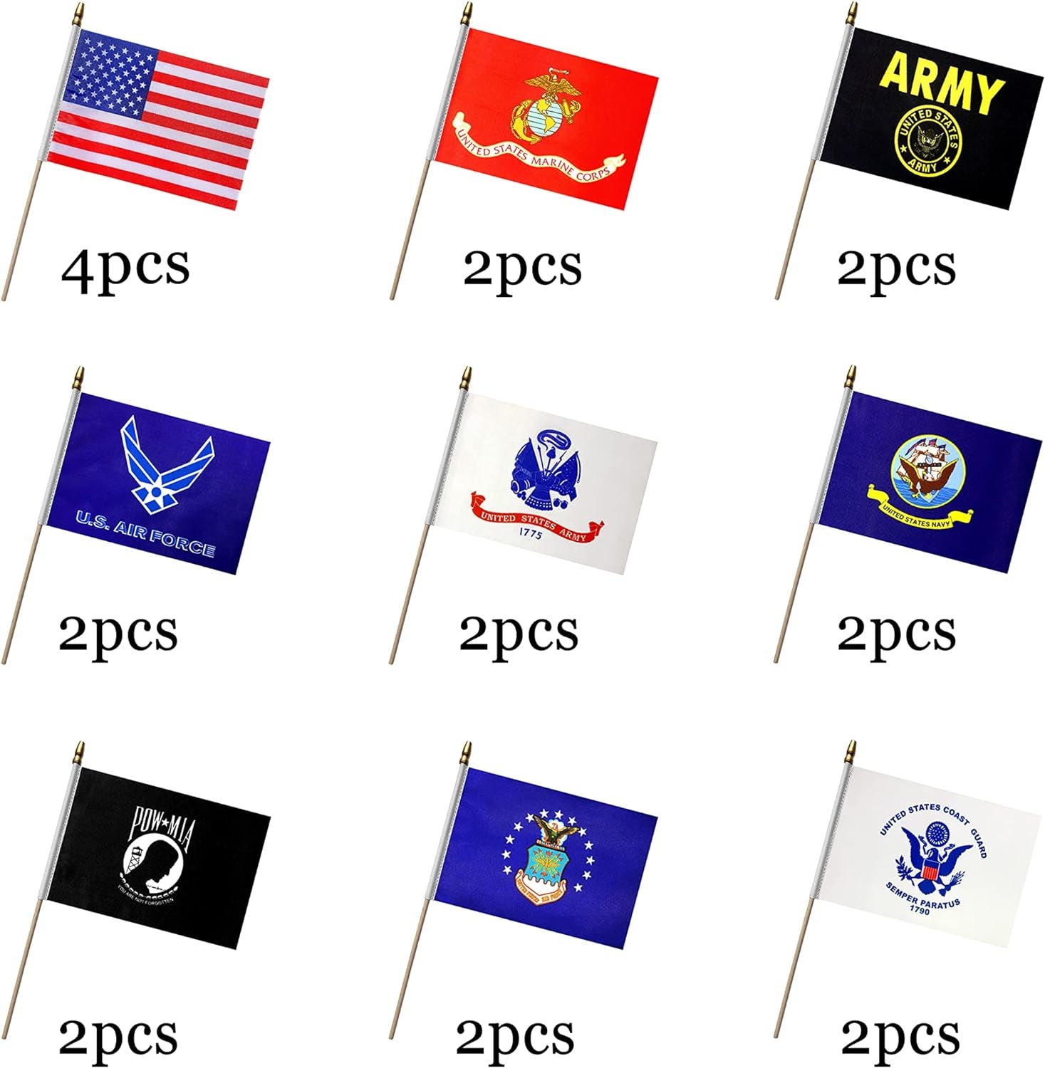 Military Flag Set Small Mini Army Armed Forces Hand Held Flags on Wooden Stick for Memorial Day,Veterans Day,5X8 Inch,20 Pack