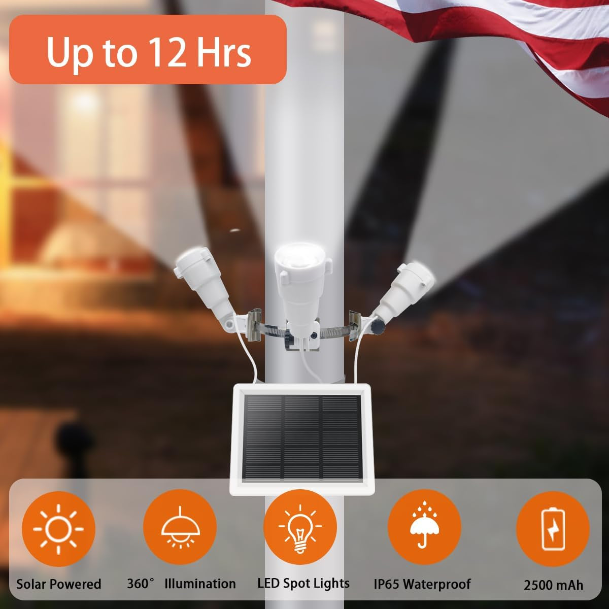 Flag Pole Light Solar Powered, 3 Super-Spotlights PC Crystal LED, IP65 Waterproof Flagpole Light Solar Powered Fits 2-3.5''Flag Poles, 360 Degrees of Flag Illumination Flag Ground House