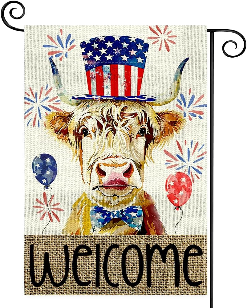 Highland Cow 4Th of July Mini Garden Flag 12X18 Inch Double Sided, Best Chocie Independence Day Small Burlap Garden Flags for Outside, Decoration for Memorial Day Farmhouse Holiday Outdoor (SM01)