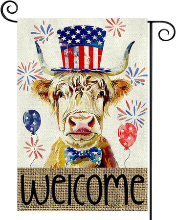 Highland Cow 4Th of July Mini Garden Flag 12X18 Inch Double Sided, Best Chocie Independence Day Small Burlap Garden Flags for Outside, Decoration for Memorial Day Farmhouse Holiday Outdoor (SM01)