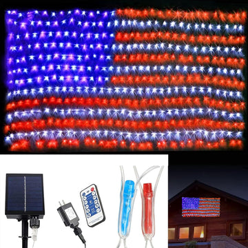 PUHONG (Upgraded) Solar American Flag Lights, 2-In-1 Plug-In & Solar Powered Flag Lights, 420 LED 8 Modes Waterproof Flag Lights with Remote for Independence Day, Garden, 4Th of July Decorations