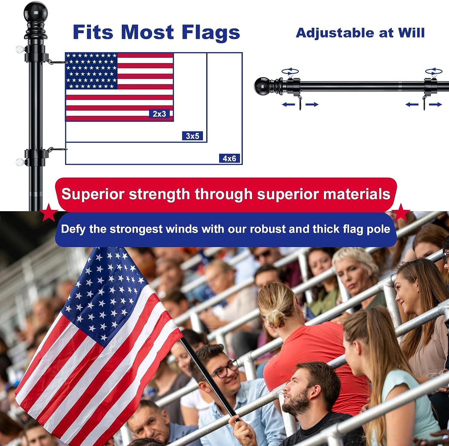 Flag Pole for Kit, 6FT Black Tangle Free Porch Metal Aluminum Flagpole with Upgraded Bracket for 3X5 American Flag, Black Adjustable Outdoor Flag Poles for Porch, Outside, Truck,Yard,Garden