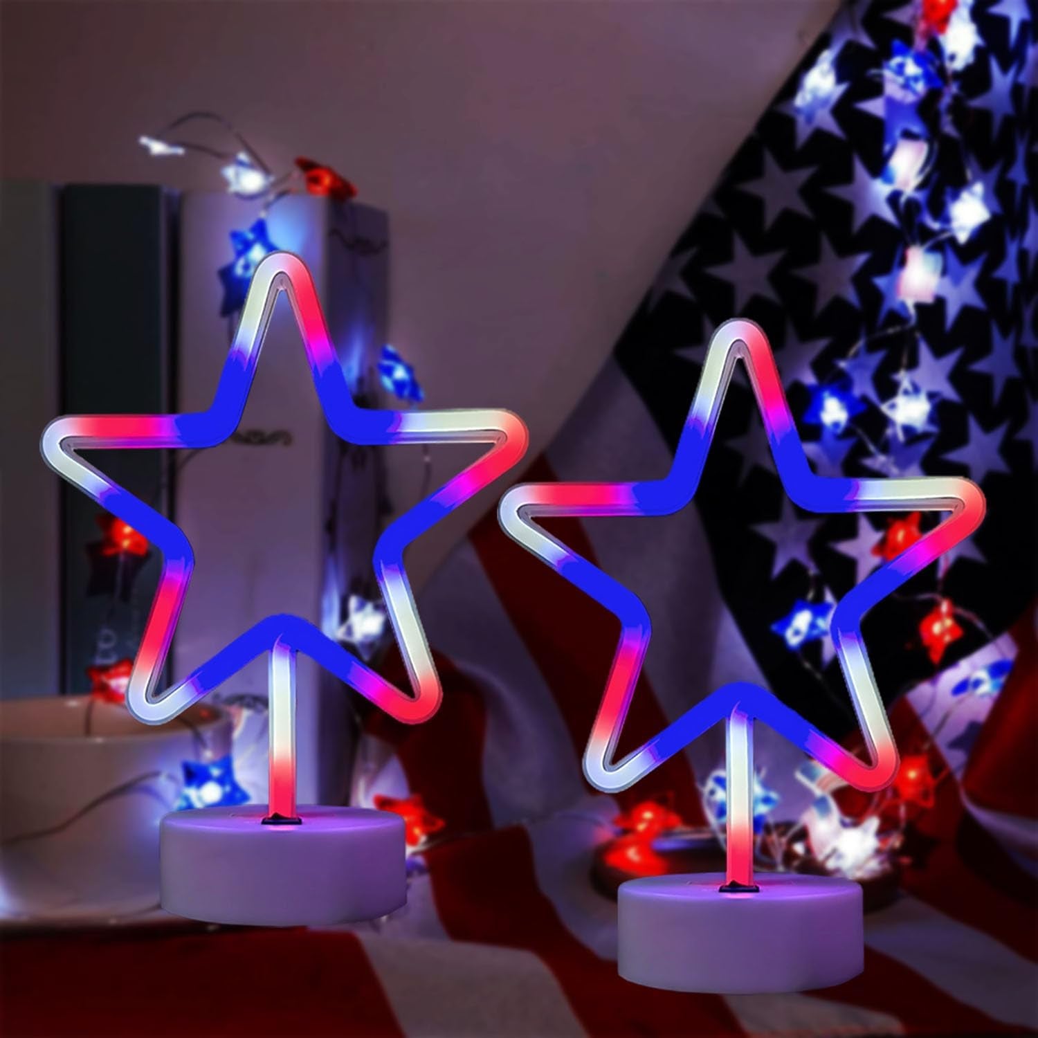 4Th of July Decorations, 2PCS Red White and Blue Lights, Big LED Neon Star Patriotic Lights, USB & Battery Powered Night Light for Independence Day Memorial Day Home Bar Table Centerpiece Decor