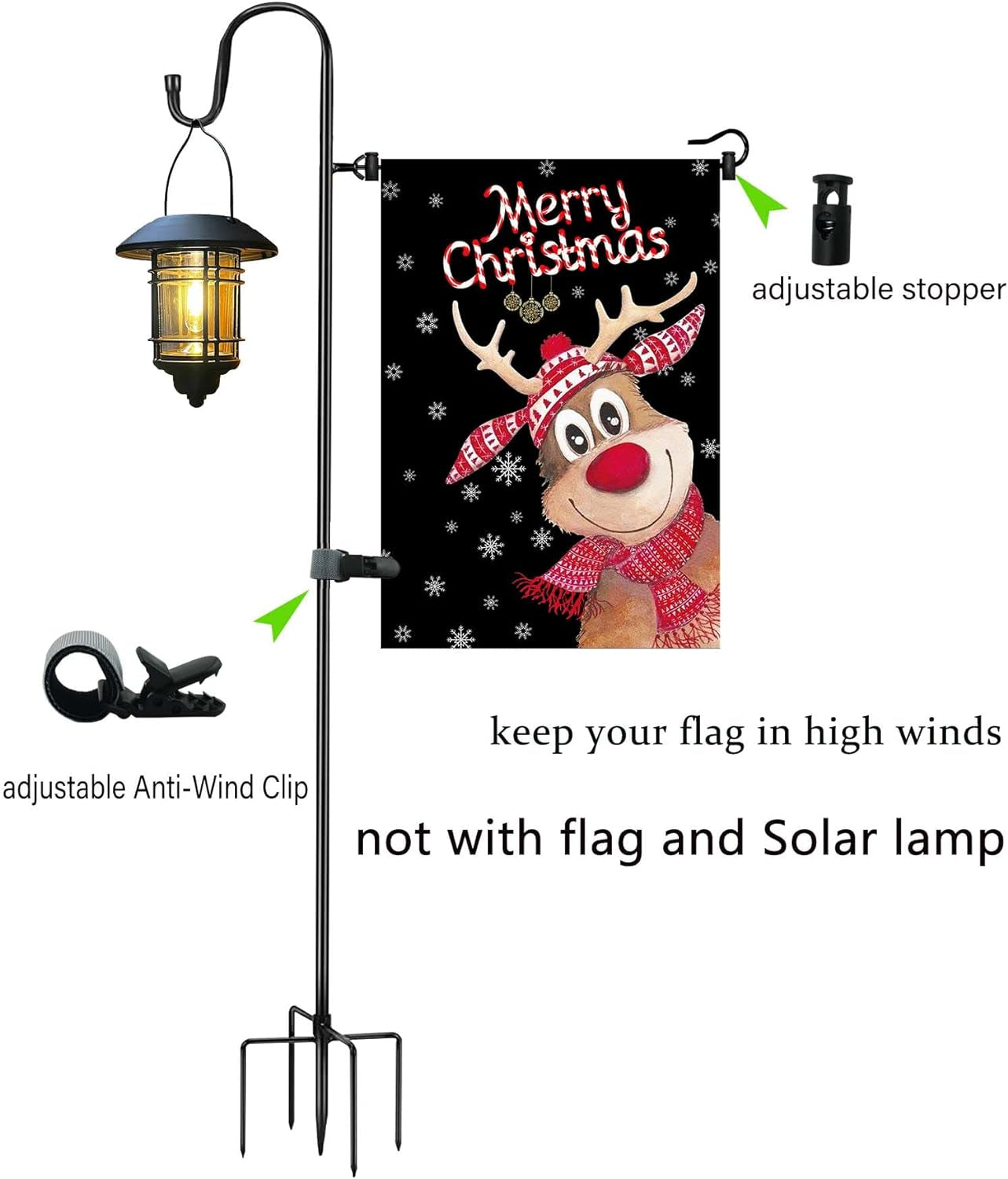 Akeydeco Garden Flag Stand and Shepherd Hook,36 Inch Garden Flag Pole Holder with One Tiger Clip and Two Spring Stoppers for Bird-Feeder Lantern Plant-Hook Garden-Stake Seasonal Flags