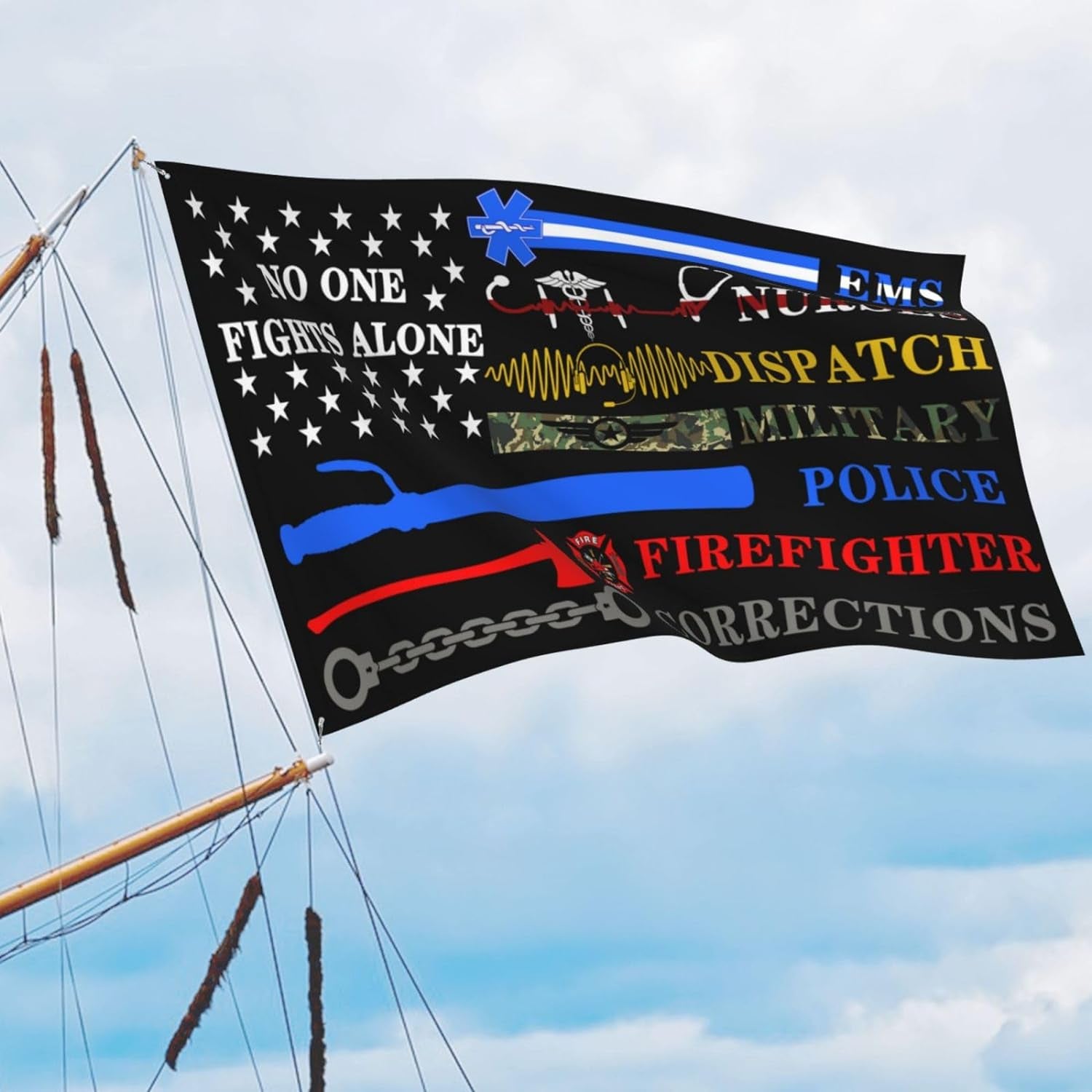 No One Fights Alone Multi Thin Line First Responder Flag 3X5 Ft Banner Indoor Outdoor Perfect Decoration
