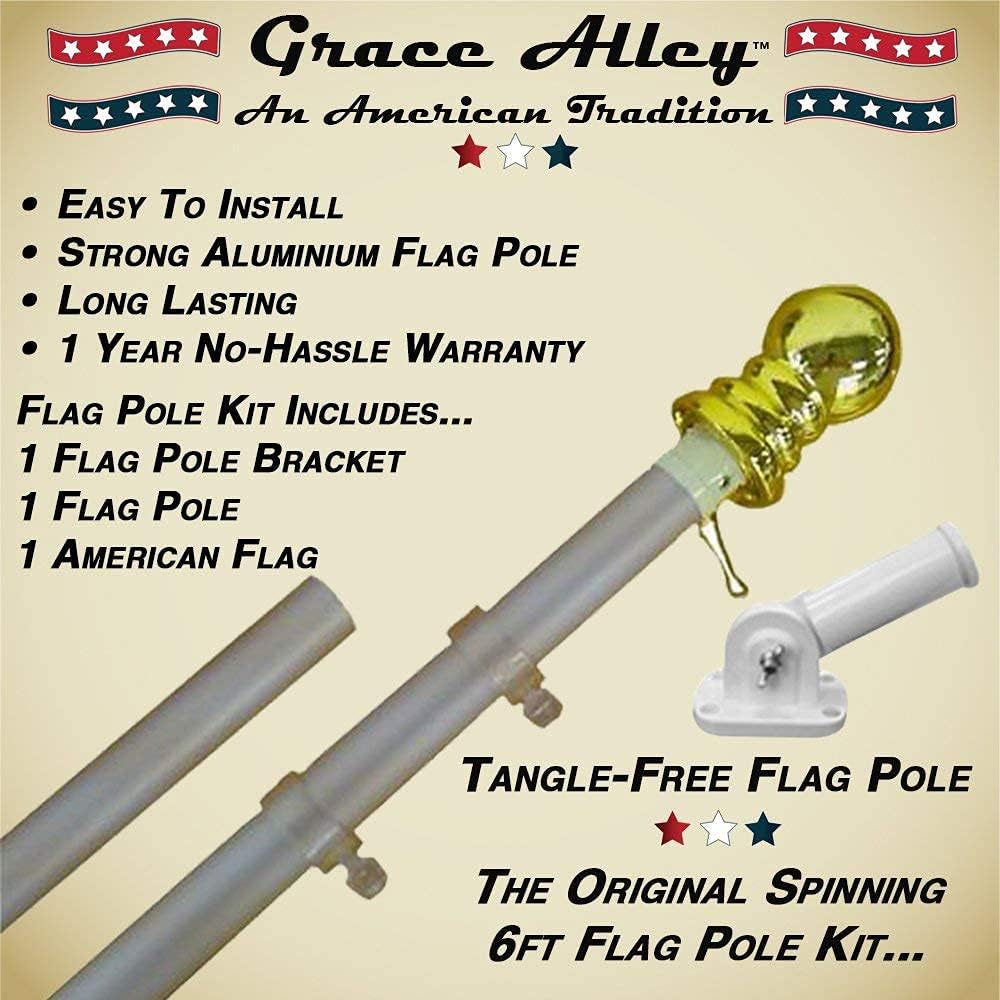 Flag Pole Kit: Includes Tangle Free Flag Pole, Flag Pole Bracket and American Flag - Made in USA. Great for Residential or Commercial. Brushed Aluminum Flag Pole. (American Classic White Kit)