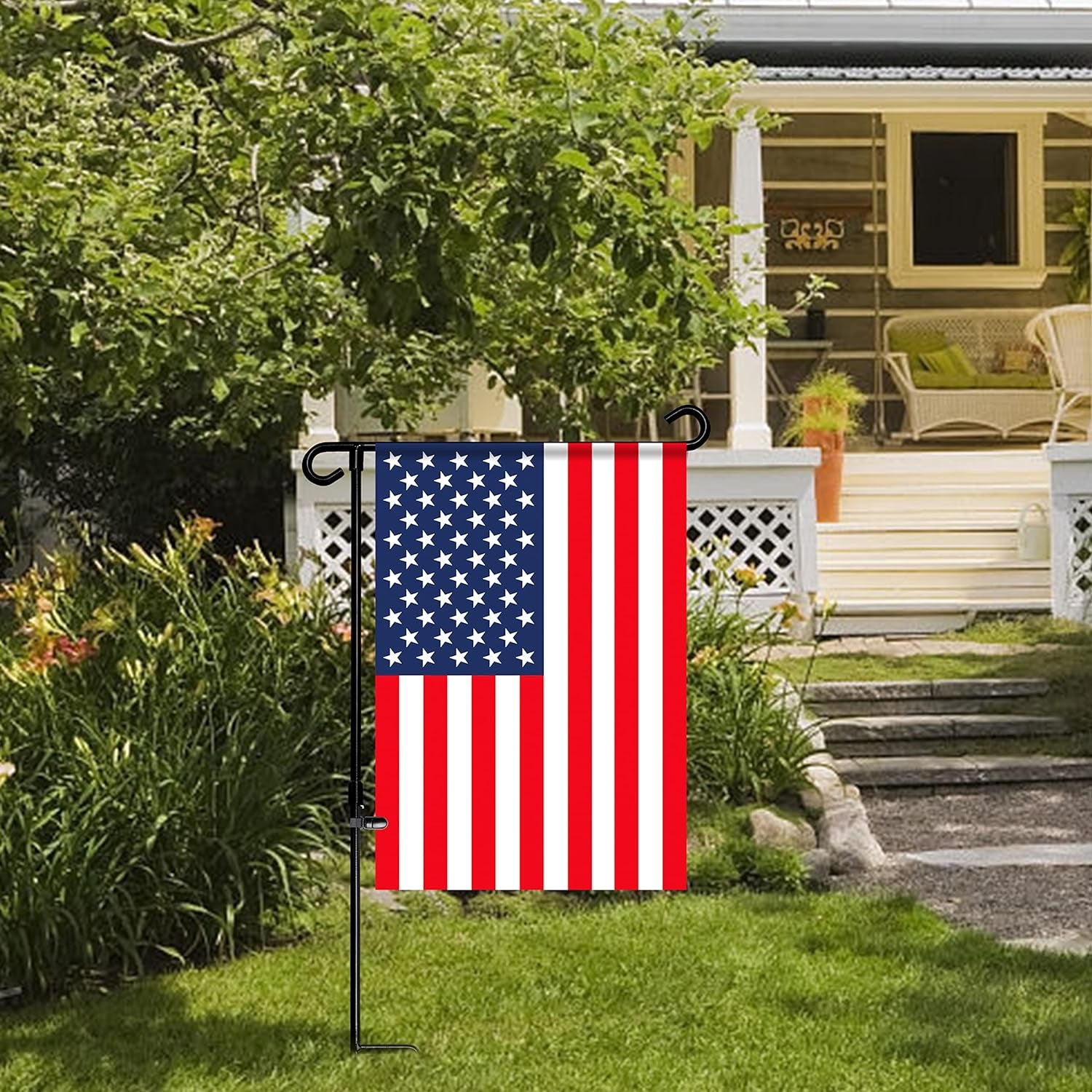 HOOSUN Garden Flag Stand Holder Pole Easy to Install Strong Sturdy Wrought Iron Fits 12.5" X 18" Mini Flag with 1 Tiger Clip Curved Hook with S Type (3 Pack)