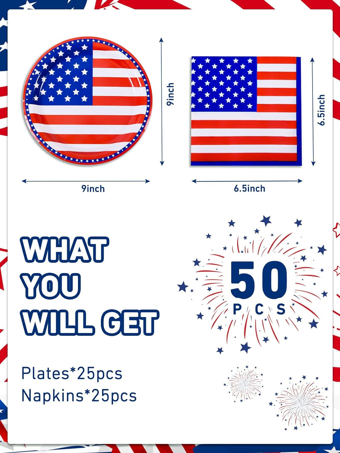 50 Pcs Patriotic American Flag Party Supplies Tableware Set Paper Plates and Napkins for Independence Day 4Th of July USA Red White Blue Barbecue Birthday Disposable Dinnerware Decor