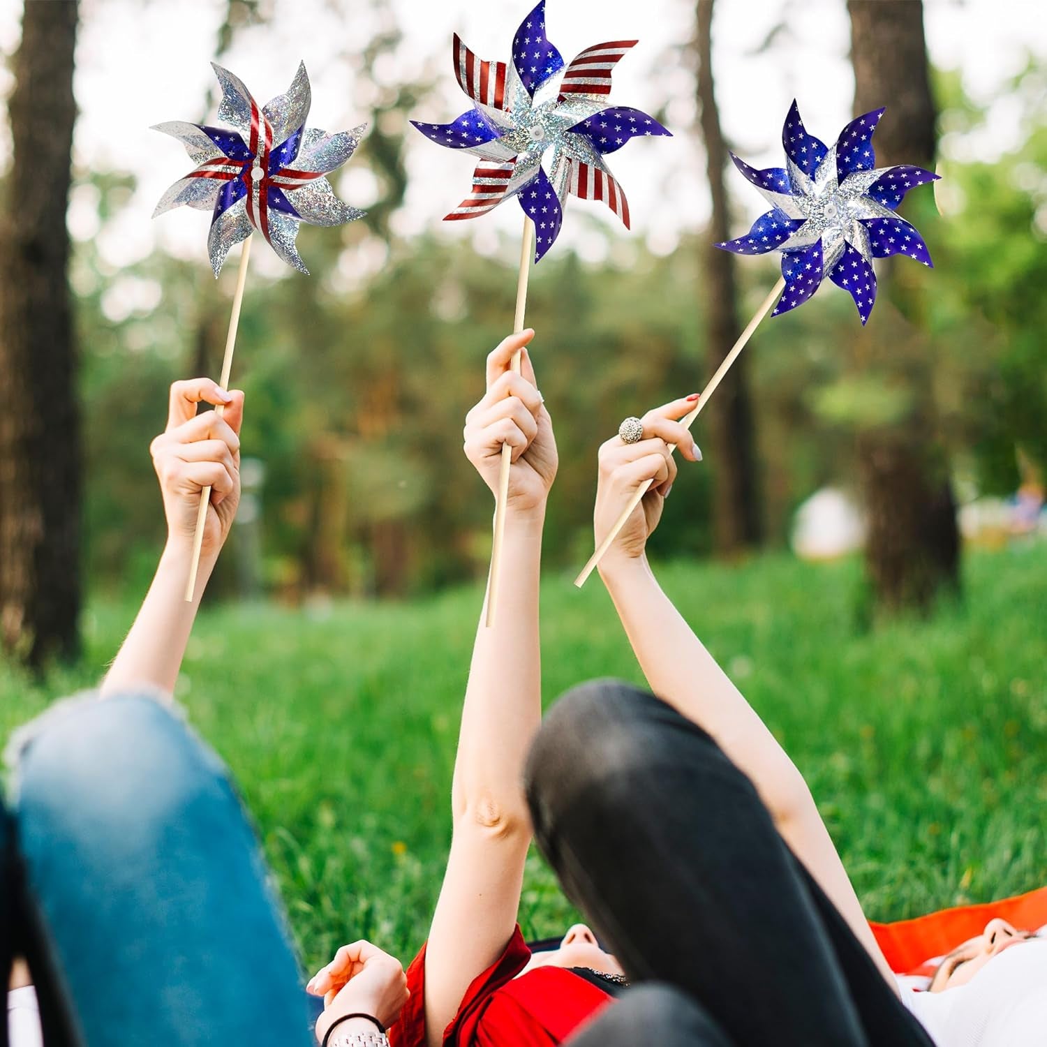 HOOSUN 4Th of July Decorations Reflective Pinwheels,10 Pack Patriotic Decor Red White and Blue Windmills, Wind Spinners for Yard and Garden,Independence Day,Kids,Bird Scare Devices Outdoor