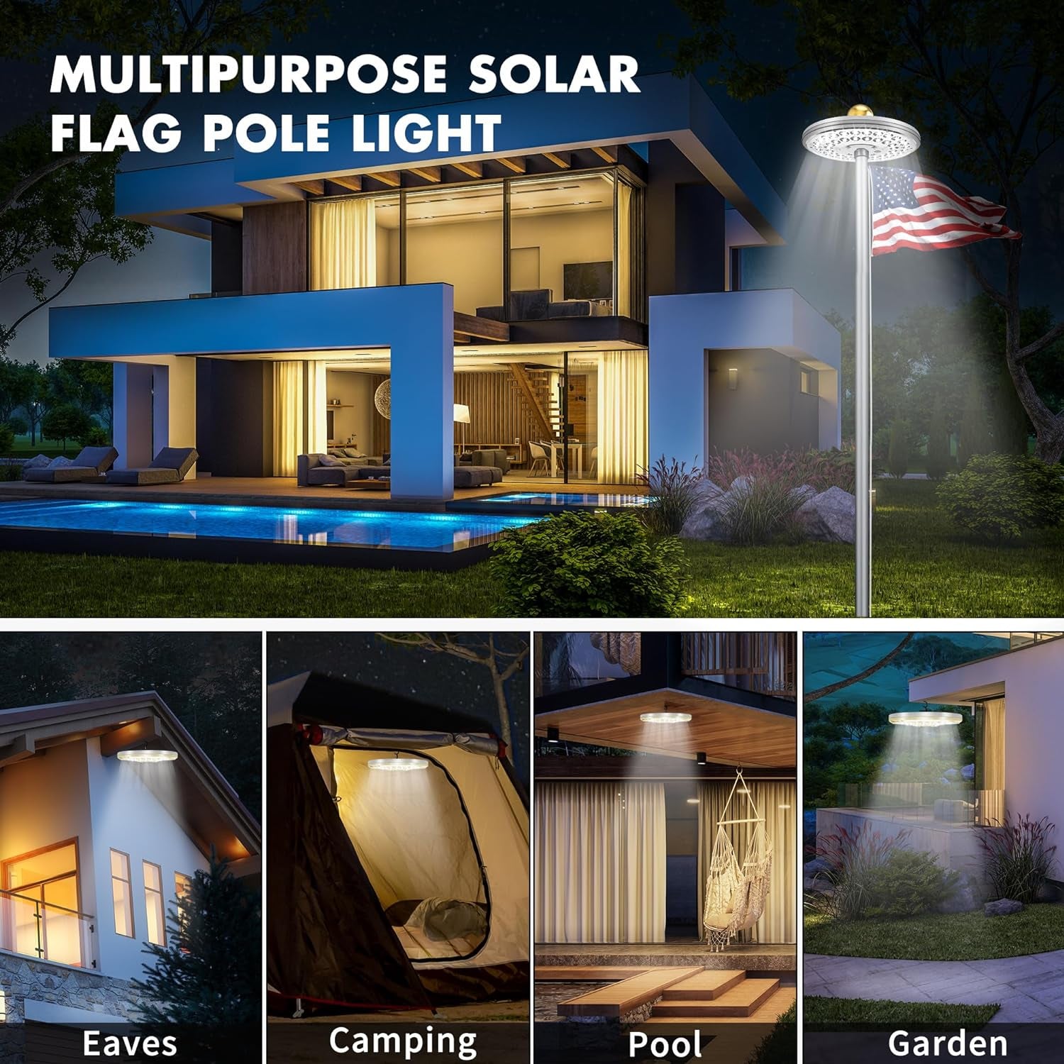 Flagpole Light Solar Powered, Auro 4 Golden Flag Pole Light 48 Large LED for 15-25 Ft Poles,12 Hour Dusk to Dawn Auto On/Off, Spectacular Aurora Lighting on Outdoor Pole Top