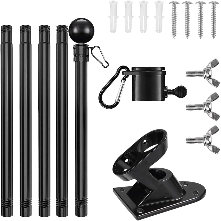 House Flag Pole for Wall, Roof or Deck Mounted, Stainless Steel Black Pole Tubular Handle Rod with 5' Ft Length X 1'' Diameter, American USA Flag Sizes 2X3', 3X5' and 4X6"Ft. (Black)