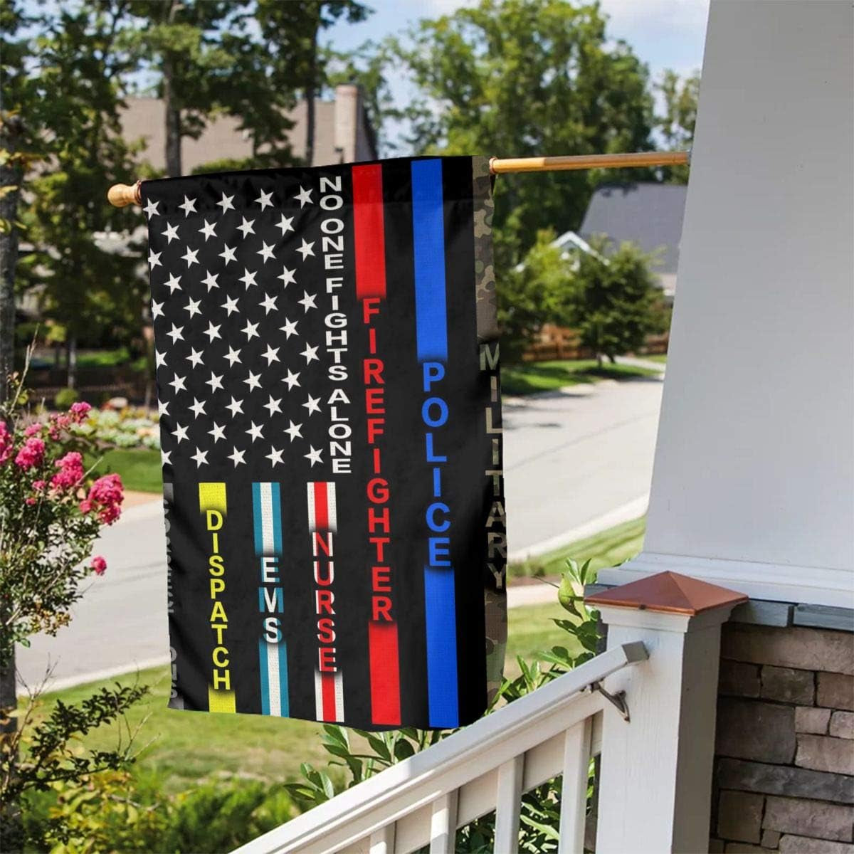 Military American Flag Army Police Cop Firefighter Fire Blue Green Red Thin Line Black No One Fights Alone Nylon Burlap Linen Fabric Garden Flag Farmhouse Mailbox Decor Welcome 12X18 Double Sided