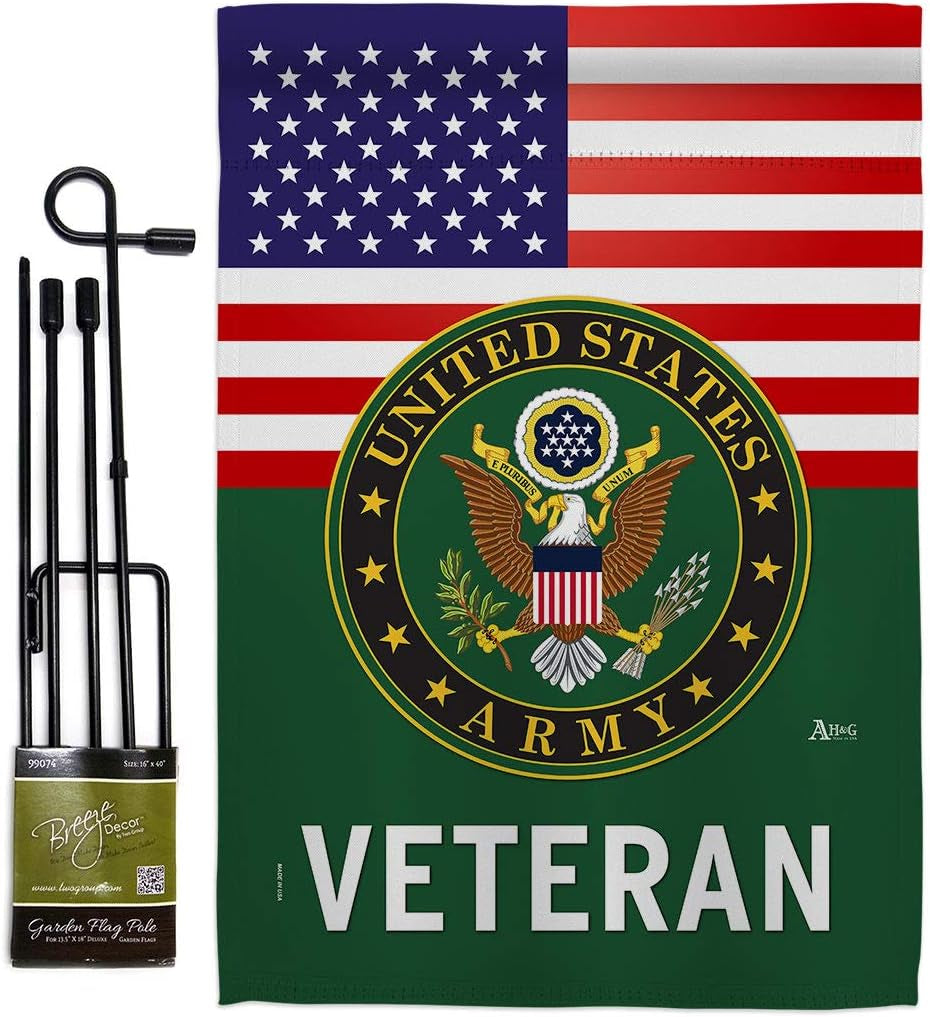 US Army Veteran Garden Flag Set with Stand Armed Forces Rangers United State American Military Retire Official Small Decorative Gift Yard House Banner Double-Sided Made in USA 13 X 18.5