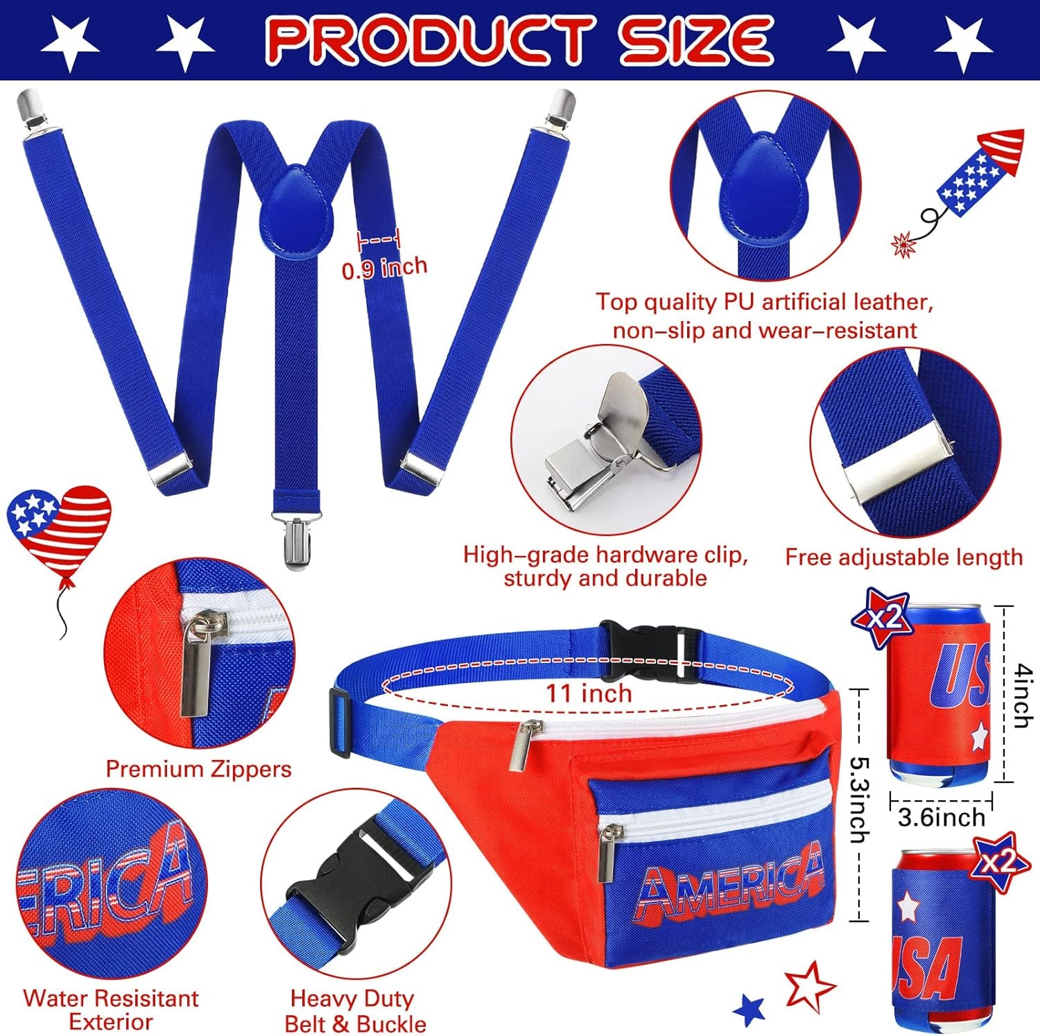 America Flag USA 4Th of July Fanny Pack Patriotic Beverage Beer Belt Costume Set Outfit Accessories with Drink Holder Sunglasses Striped Sweatband