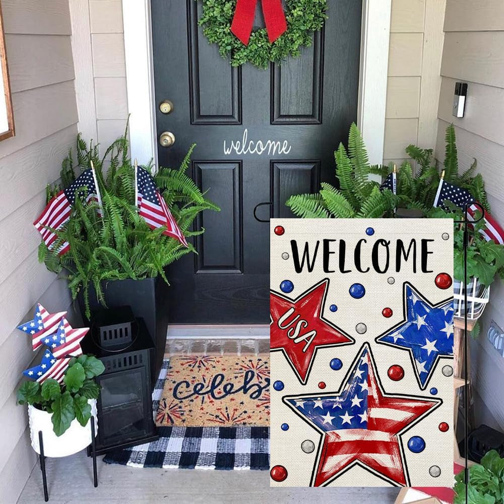 CROWNED BEAUTY 4Th of July Garden Flag 12X18 Inch Double Sided for outside Small Burlap USA Patriotic Stars Independence Day Welcome Yard Flag