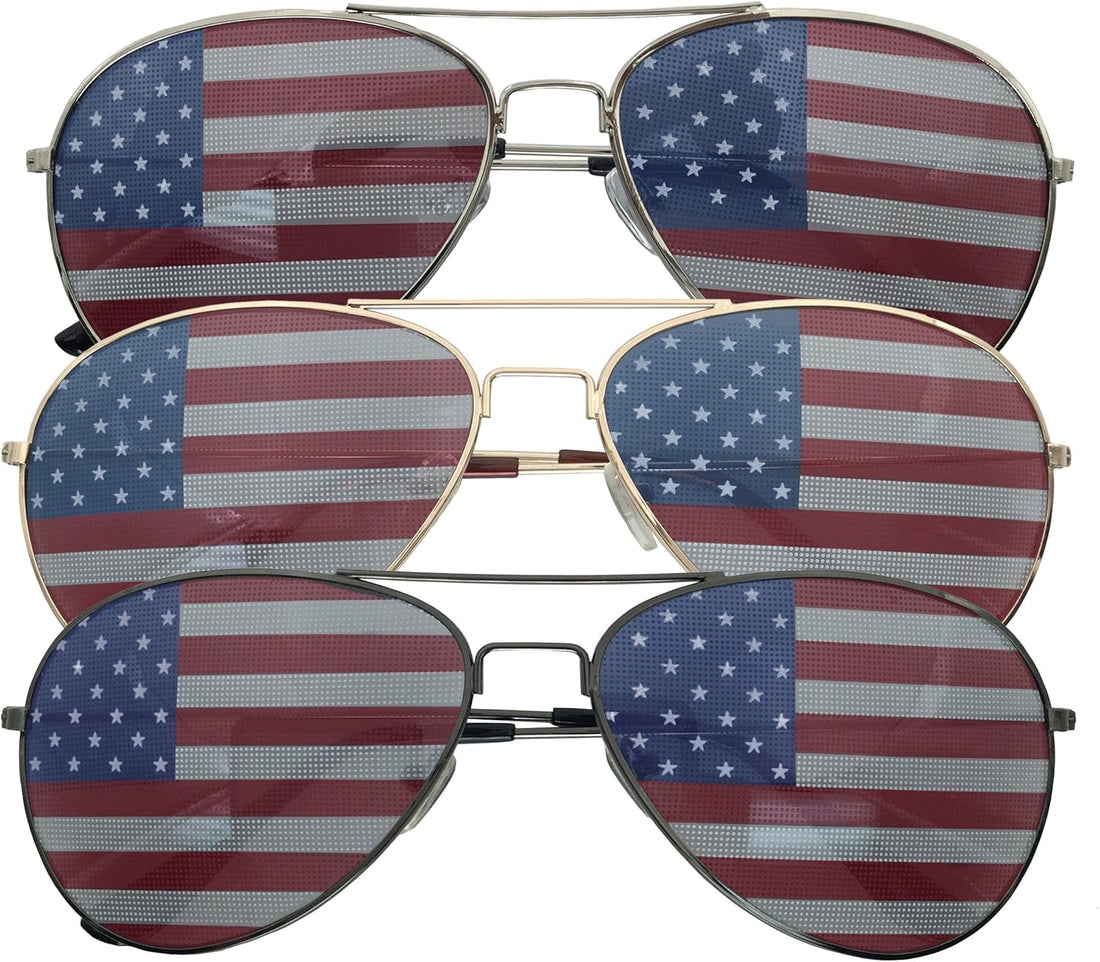 Grinderpunch 3 Pack Bulk USA America Glasses - American Flag Aviator Sunglasses - Assorted Colors