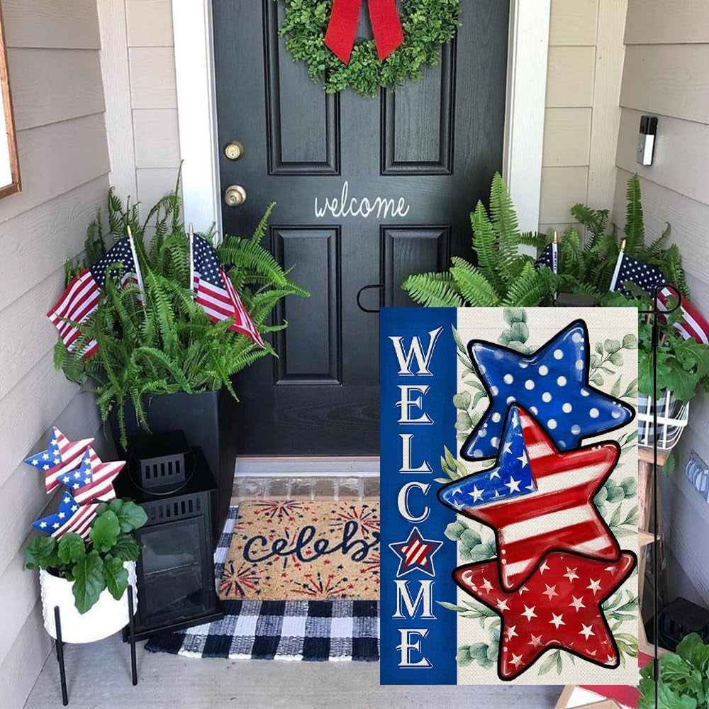 CROWNED BEAUTY 4Th of July Patriotic Stars Garden Flag 12X18 Inch Double Sided for outside Small Burlap Independence Day Welcome Yard Flag CF1526-12