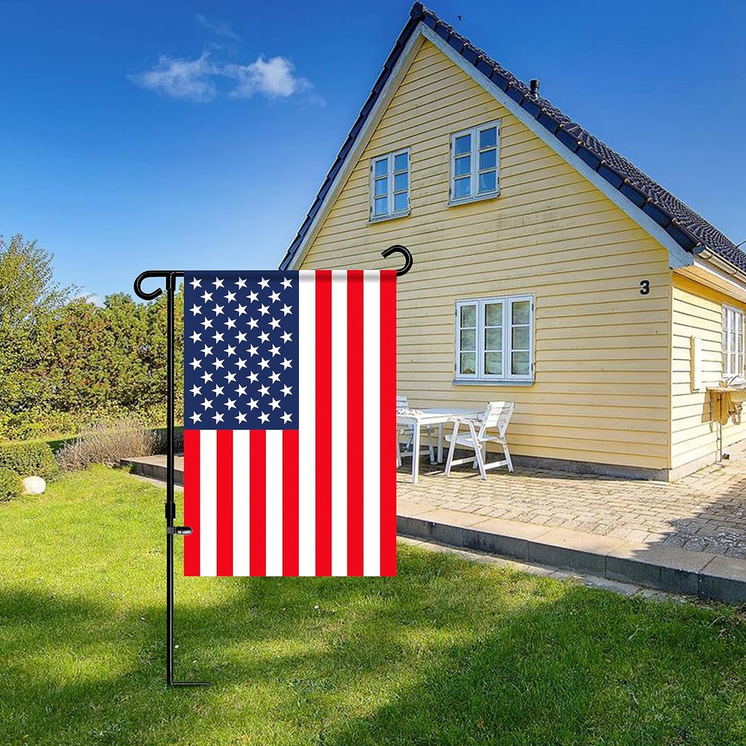 HOOSUN Garden Flag Stand Holder Pole Easy to Install Strong Sturdy Wrought Iron Fits 12.5" X 18" Mini Flag with 1 Tiger Clip Curved Hook with S Type (3 Pack)