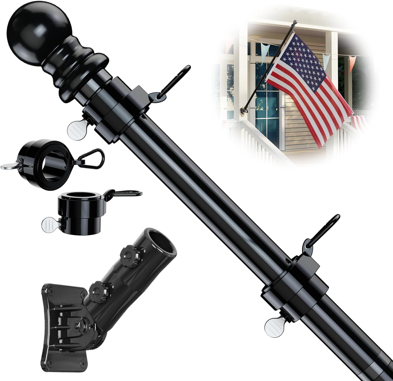 Flag Pole for Kit, 6FT Black Tangle Free Porch Metal Aluminum Flagpole with Upgraded Bracket for 3X5 American Flag, Black Adjustable Outdoor Flag Poles for Porch, Outside, Truck,Yard,Garden