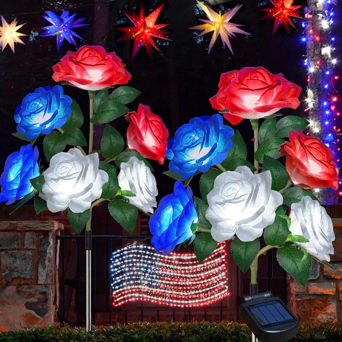 2 Pack Solar Artificial Flowers for 4Th of July Decorations,Outdoor Red White Blue Rose Stake Lights for Fourth of July Accessories outside Patriotic Cemetery Grave Yard Porch Memorial Day Decor