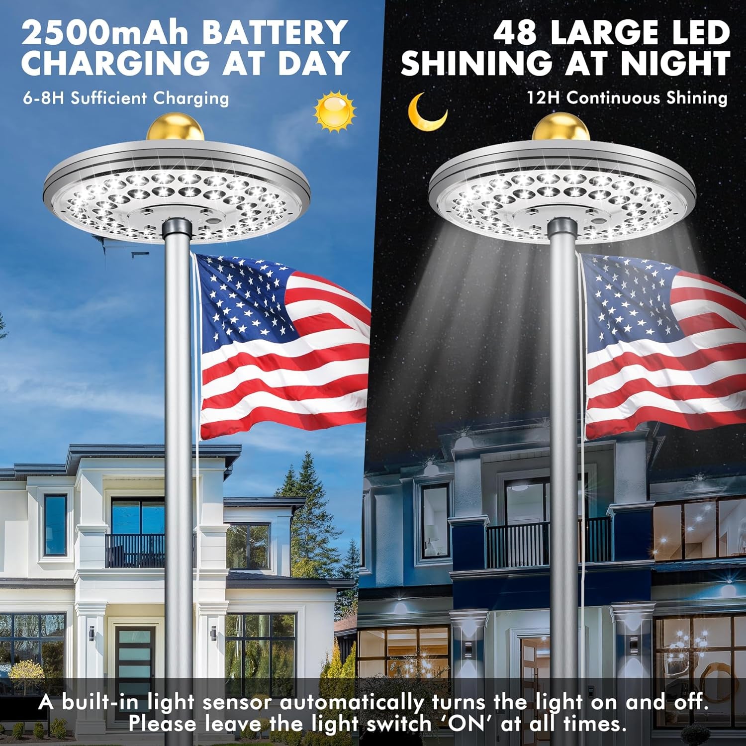Flagpole Light Solar Powered, Auro 4 Golden Flag Pole Light 48 Large LED for 15-25 Ft Poles,12 Hour Dusk to Dawn Auto On/Off, Spectacular Aurora Lighting on Outdoor Pole Top