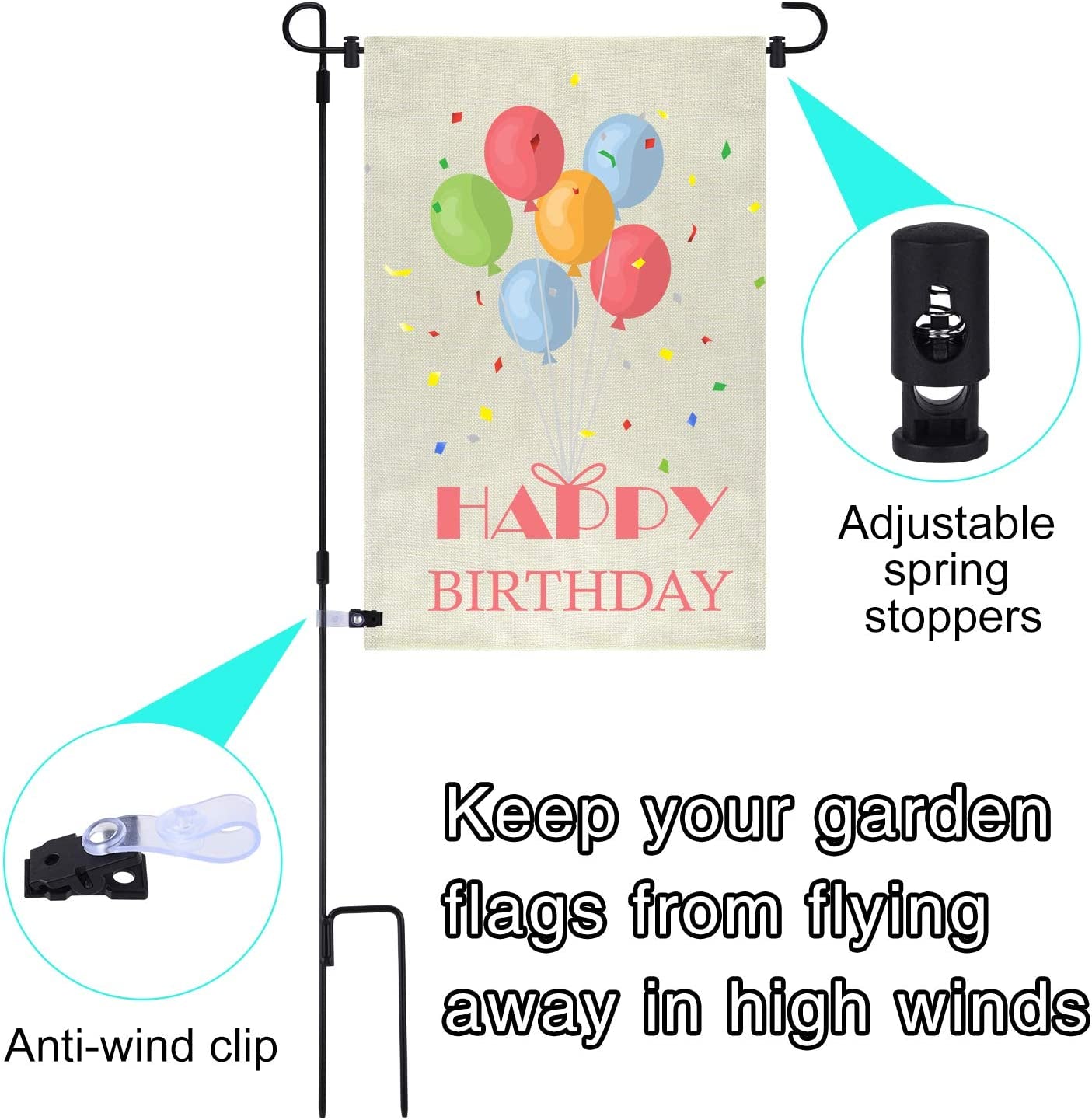 FEPITO 3 Pack Garden Flag Poles Metal Garden Flag Holder with Garden Flag Stopper and Anti-Wind Clip for Outdoor Decorative Flag Garden Lawn Yard Flag